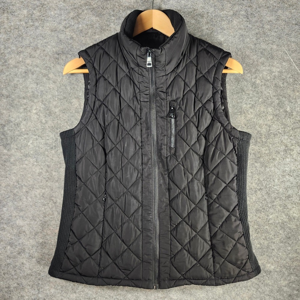 Andrew Marc Women M Quilted Puffer Vest Black Full Zip Pockets Ribbed Knit Sides